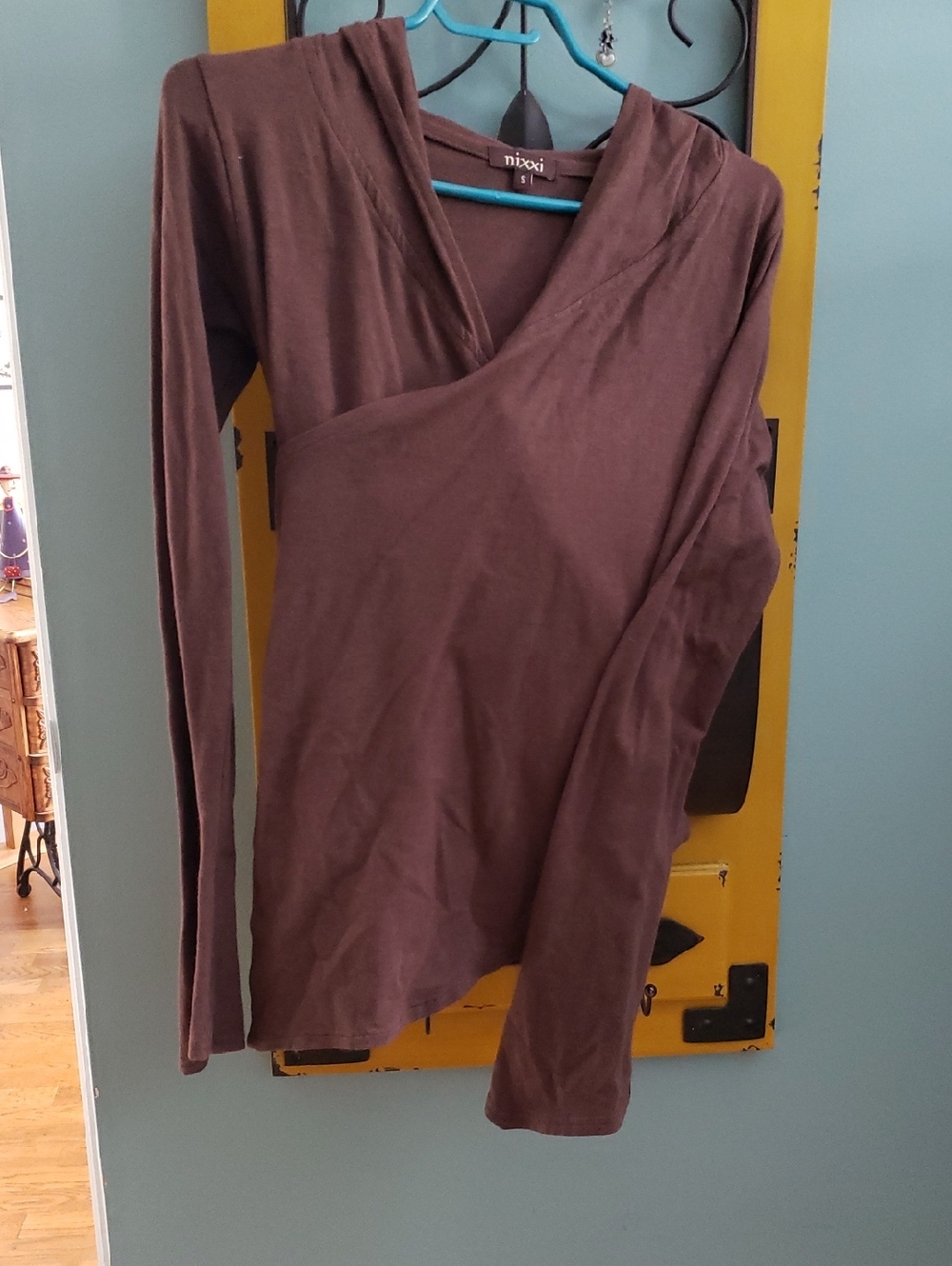 Nixxi Women’s Long Sleeve Wrap-Front Tee in Brown